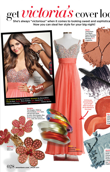 Get Victoria Justice's Look in La Femme 16802 from Seventeen Magazine Prom 2010 Edition