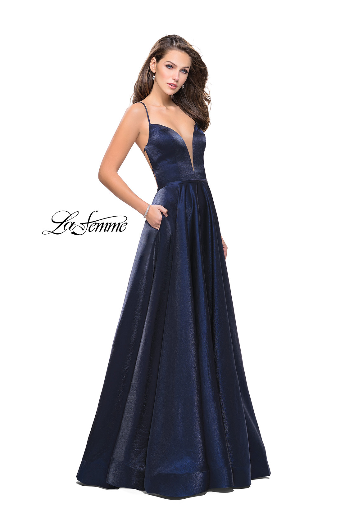Navy Prom Dress with Shiny Satin Fabric and Deep V by La Femme