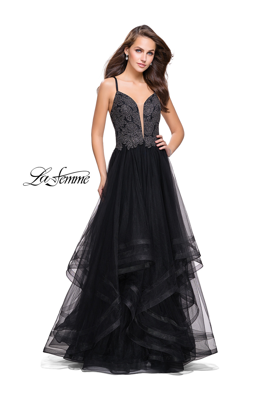 La Femme Black Prom Dress with Ruffle Tulle Skirt and Lace