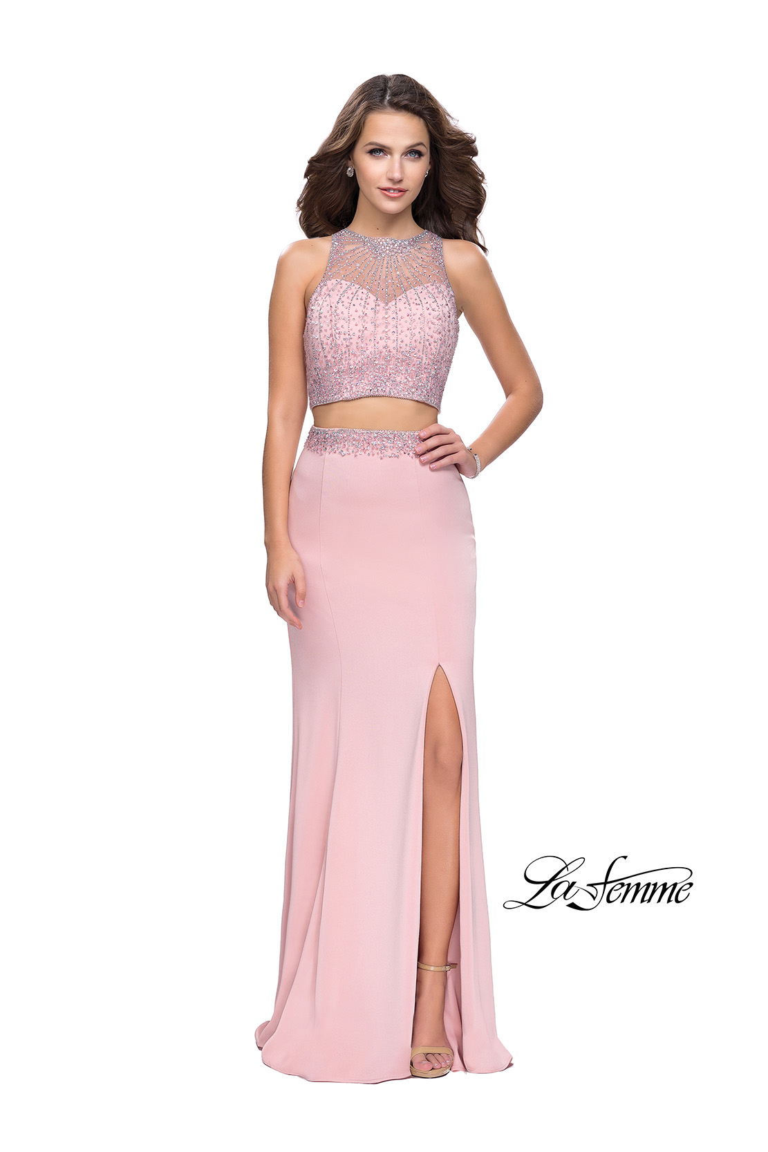 Two Piece Blush Prom Dress with Beaded Top by La Femme