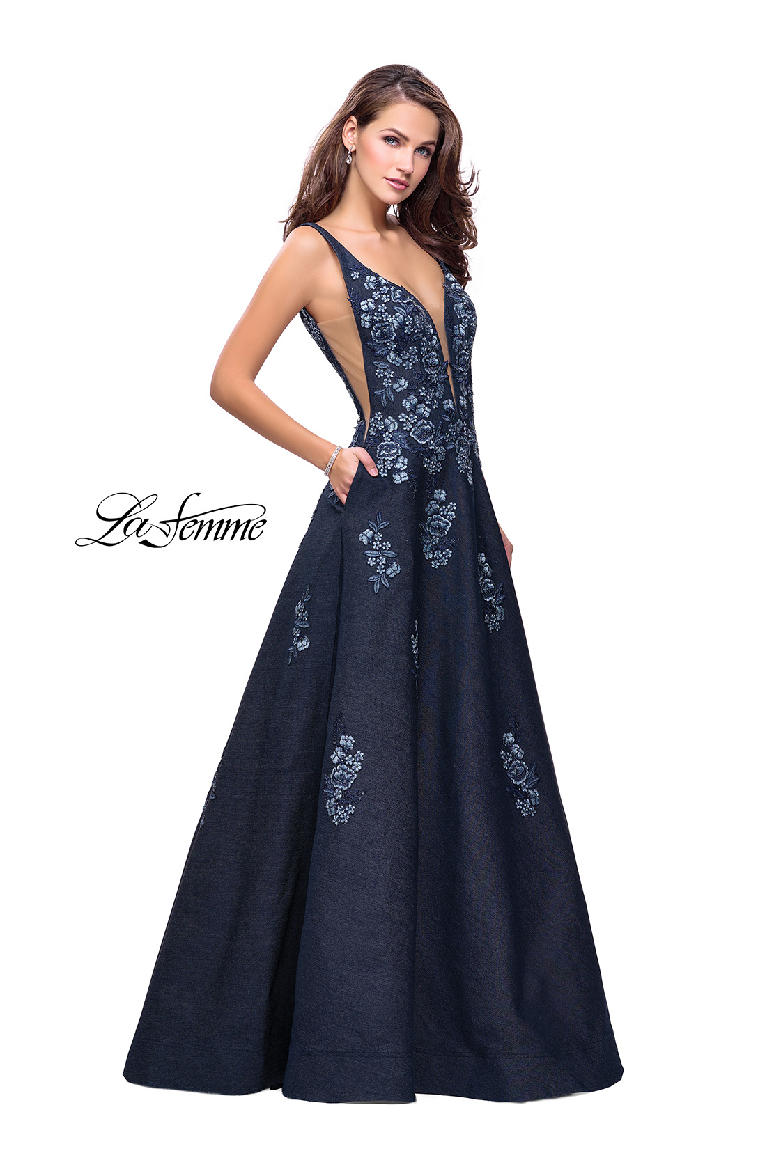 Denim Prom Dress with Floral Details and A Line Skirt