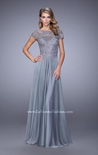Picture of: Chiffon Dress with Lace Bodice and Cap Sleeves in Silver, Style: 21627, Detail Picture 1