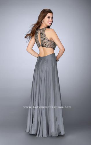Picture of: Long Prom Dress with Beaded Top and Cut Outs in Silver, Style: 23761, Back Picture