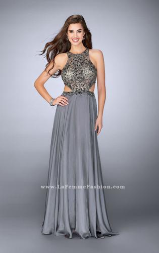 Picture of: Long Prom Dress with Beaded Top and Cut Outs in Silver, Style: 23761, Detail Picture 1