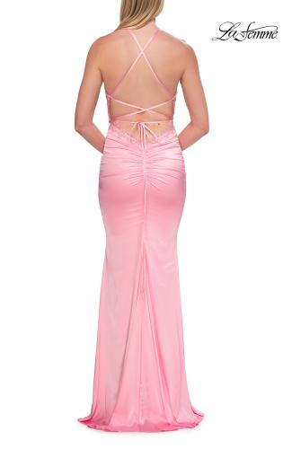 Picture of: Halter Satin Gown with Beaded Lace Trim and Open Back in Baby Pink, Style: 33735, Detail Picture 10