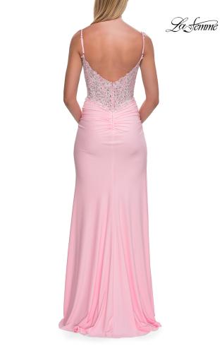 Picture of: Rhinestone Lace Bodice Jersey Gown with Slit and Low Back in Baby Pink, Style: 33439, Detail Picture 11