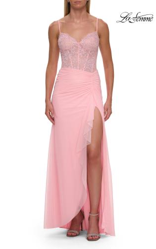 Picture of: Lace Bodice Gown with Ruched Skirt and High Slit in Baby Pink, Style: 33661, Detail Picture 6