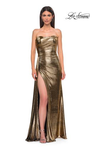 Picture of: Strapless Chic Metallic Jersey Dress with Draped Slit in Black Gold, Style 32830, Detail Picture 5