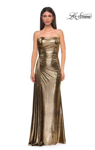 Picture of: Strapless Chic Metallic Jersey Dress with Draped Slit in Black Gold, Style 32830, Detail Picture 7