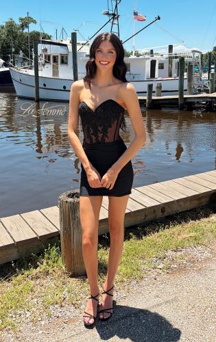 Picture of: Strapless Lace Corset Ruched Mini Dress in Black, Style: 33239, Detail Picture 1