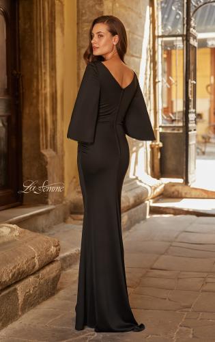 Picture of: Cape Sleeve Jersey Gown with Beaded Trim in Black, Style: 33391, Back Picture