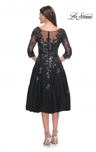 Picture of: Unique Lace and Tulle Knee Length Dress with Sleeves in Black, Style: 31017, Back Picture