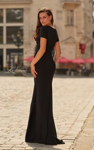 Picture of: Short Sleeve Jersey Gown with Sweetheart Neckline and Ruching in Black, Style: 33146, Back Picture