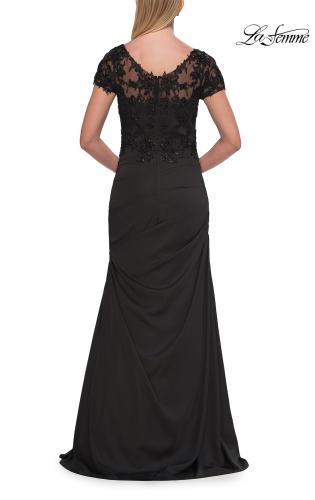 Picture of: Ruched Satin Gown with Lace Cap Sleeves and Illusion Back in Black, Style: 32431, Detail Picture 6