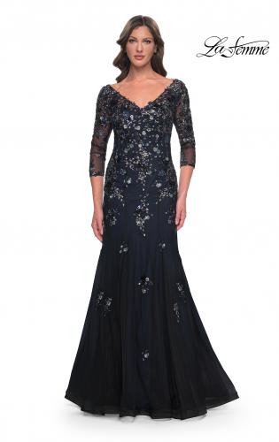 Picture of: Mermaid Lace Applique Gown with V Neckline and Sleeves in Black Navy, Style: 30860, Main Picture