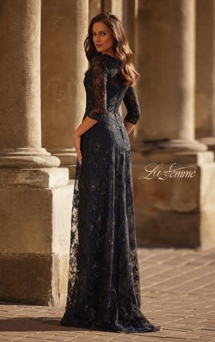 Picture of: Mother of the Bride Dress with Full Skirt and Illusion Neckline in Black Navy, Style: 30825, Back Picture