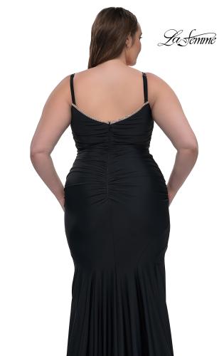 Picture of: Chic Plus Size Dress with Ruching and Rhinestone Neckline Detail in Black, Style: 33057, Detail Picture 9