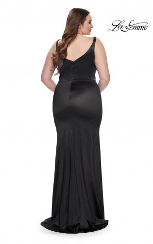 Picture of: Stretch Satin Plus Size Dress with Unique Neckline and Slit in Black, Style: 31266, Back Picture