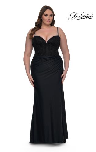 Picture of: Plus Size Prom Dress with Lace Corset Top and Jersey Skirt in Black, Style: 32449, Detail Picture 1