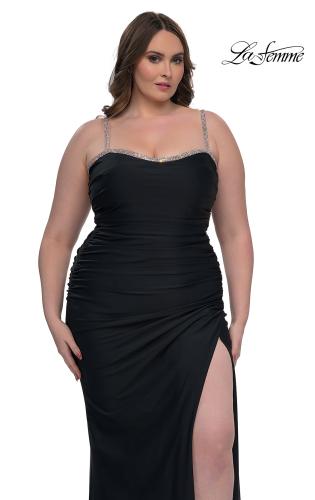 Picture of: Jersey Plus Size Dress with Rhinestone Neckline and Straps in Black, Style: 32992, Detail Picture 2