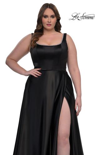 Picture of: A-line Satin Plus Prom Dress with Rhinestone Neckline in Black, Style: 33026, Detail Picture 2