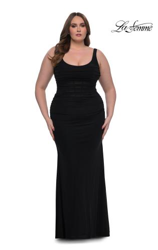 Picture of: Modified Square Neckline Plus Size Dress with Ruching in Black, Style: 33005, Detail Picture 3