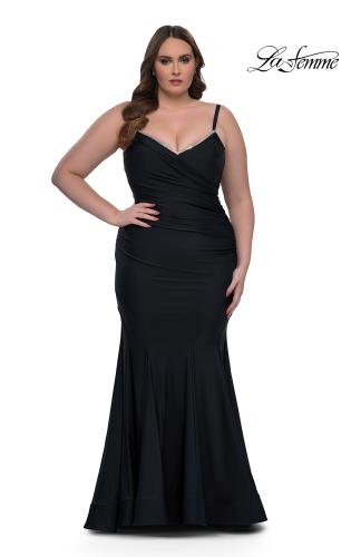 Picture of: Chic Plus Size Dress with Ruching and Rhinestone Neckline Detail in Black, Style: 33057, Detail Picture 7