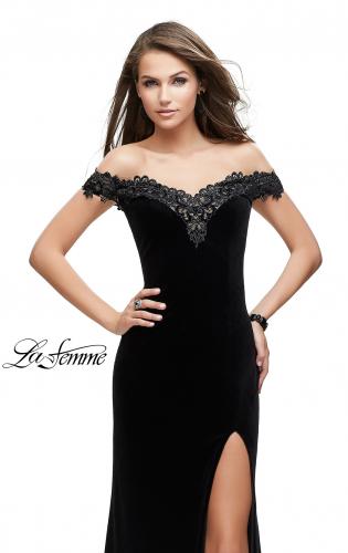 Picture of: Long Velvet Off the Shoulder Gown with Lace Detail in Black, Style: 25591, Main Picture