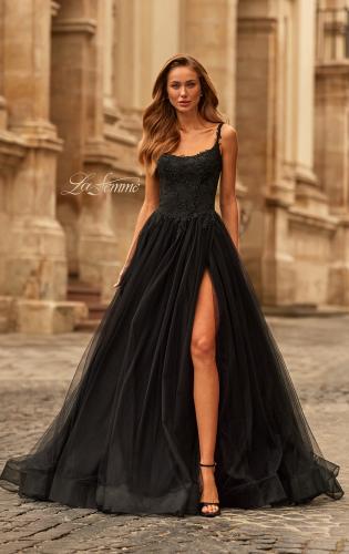 Picture of: Beaded Lace Corset Gown with Sheer Tulle Skirt and Slit in Black, Style: 33499, Main Picture