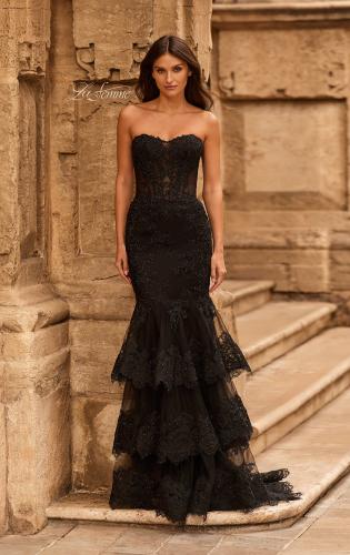 Picture of: Jersey Prom Dress with Cowl Neckline and Open Beaded Back in Black, Style: 33563, Main Picture