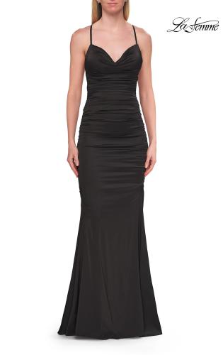 Picture of: Satin Gown with Cowl Neck and Open Back in Black, Style: 33193, Detail Picture 11