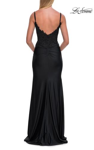 Picture of: Rhinestone Lace Bodice Jersey Gown with Slit and Low Back in Black, Style: 33439, Detail Picture 15