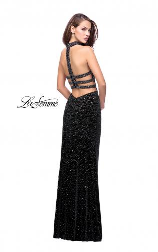 Picture of: Long Strapless Velvet Prom Gown with Cascading Beads in Black, Style: 26239, Back Picture