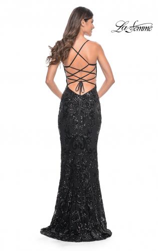 Picture of: Black Print Sequin Gown with Square Neckline in Black, Style: 32255, Back Picture