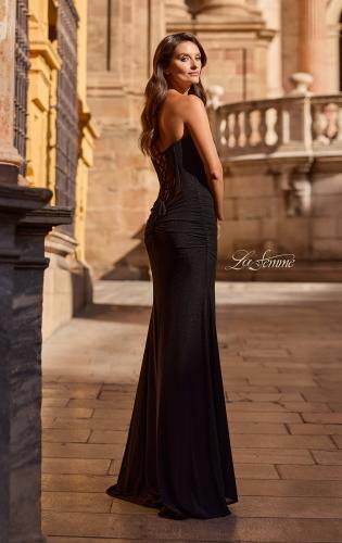 Picture of: Strapless Corset Gown with Lace-Up Back and High Slit in Black, Style: 33199, Back Picture