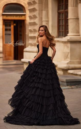 Picture of: Strapless Tiered Ruffle Gown with Pleated Bodice and Front Slit in Black, Style: 33202, Back Picture
