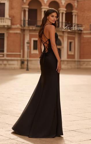 Picture of: Lace Corset Gown with High Slit and Lace-Up Back in Black, Style: 33505, Back Picture