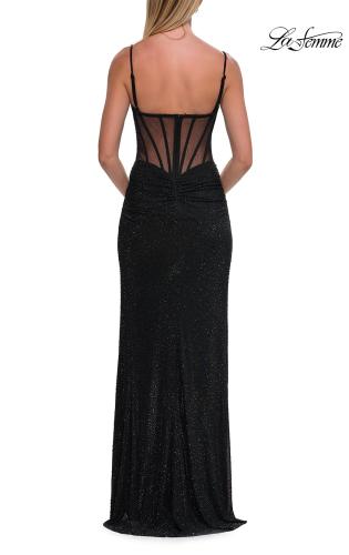 Picture of: Rhinestone Fitted Gown with Draped Bodice and Sheer Corset Back in Black, Style: 33343, Detail Picture 18