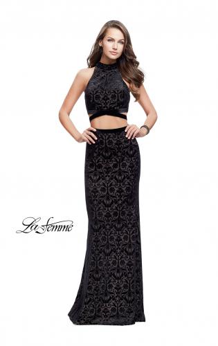 Picture of: Form Fitting Two Piece Prom Dress with Side Cut Outs in Black, Style: 25589, Detail Picture 1