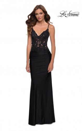 Picture of: Jersey Gown with Sheer Lace Bodice and Ruching in Black, Style 29774, Detail Picture 1