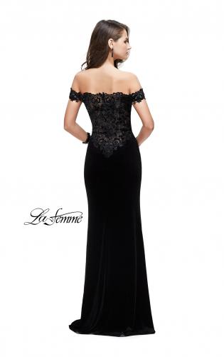 Picture of: Long Velvet Off the Shoulder Gown with Lace Detail in Black, Style: 25591, Detail Picture 2