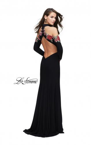 Picture of: Form Fitting Jersey Prom Dress with Floral Applique in Black, Style: 25807, Detail Picture 2