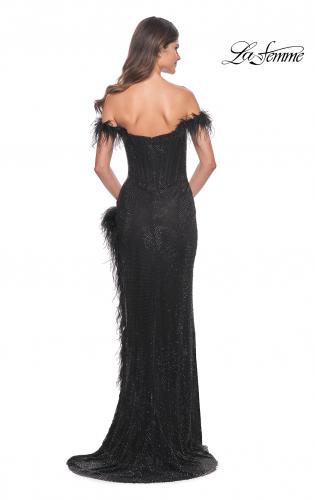 Picture of: Rhinestone Fishnet Dress with Feather Off the Shoulder Straps and Slit in Black, Style: 32151, Detail Picture 2