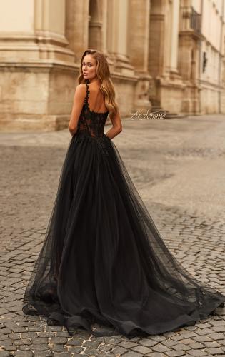 Picture of: Beaded Lace Corset Gown with Sheer Tulle Skirt and Slit in Black, Style: 33499, Detail Picture 2