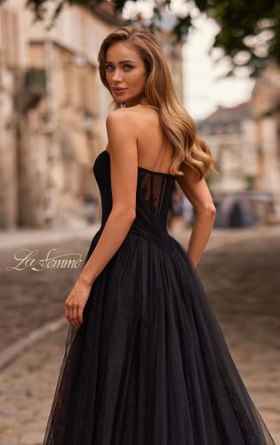 Picture of: Strapless A-Line Gown with Sheer Corset Bodice and High Slit in Black, Style: 33307, Detail Picture 4