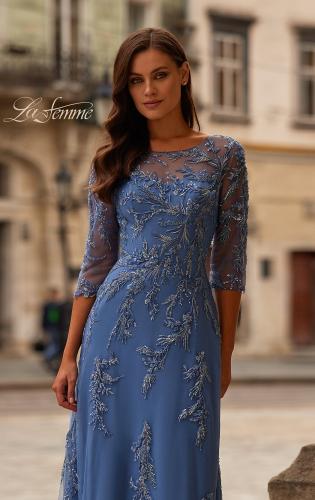 Picture of: Beaded Lace Applique Dress with Tulle Skirt and Illusion Sleeves in Blue, Style: 32612, Detail Picture 1