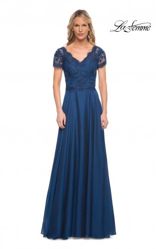 Picture of: Long Chiffon Dress with Lace Bodice and Pockets in Midnight Blue, Style: 27098, Detail Picture 4