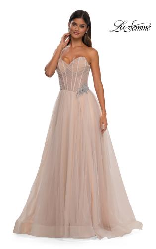 Picture of: Strapless A-line Tulle Dress with Floral Waist Detail in Blush, Style: 32789, Detail Picture 16