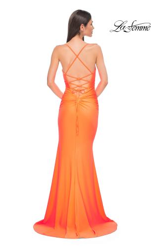 Picture of: Open Back Prom Dress with Rhinestone Detail Neckline in Bright Orange, Style 32851, Detail Picture 10