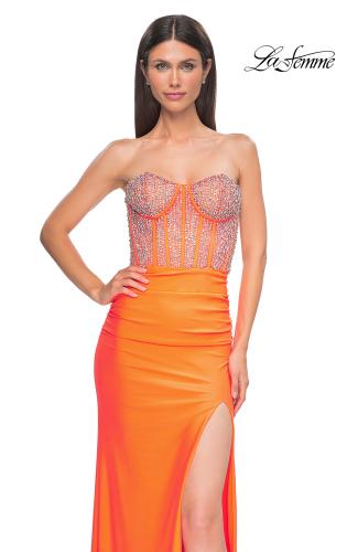 Picture of: Fabulous Prom Dress with Rhinestone Corset Bodice and Simple Skirt in Bright Orange, Style 32669, Detail Picture 15